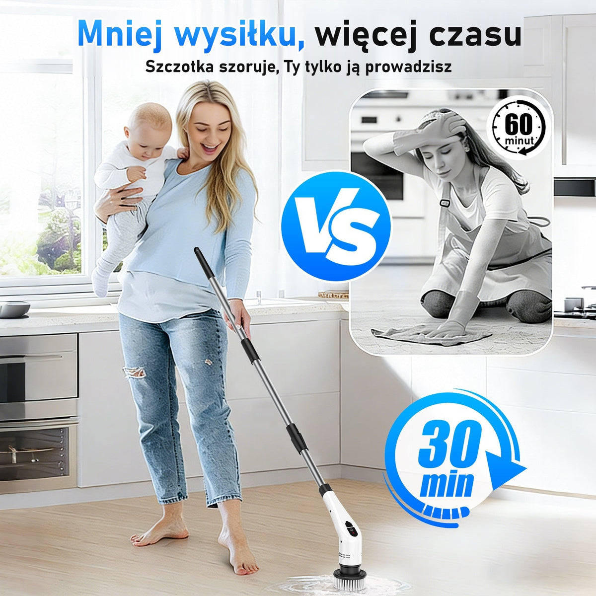 Kobieta sprząta podłogę elektryczną szczotką z kijem, trzymając dziecko na ręku